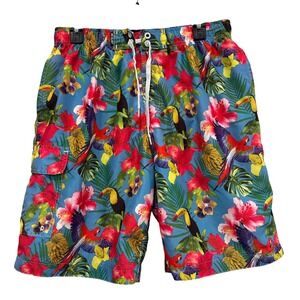 RS Surf Mens Tropical Parrot Toucan Swim Trunks Blue Floral Board Shorts Large